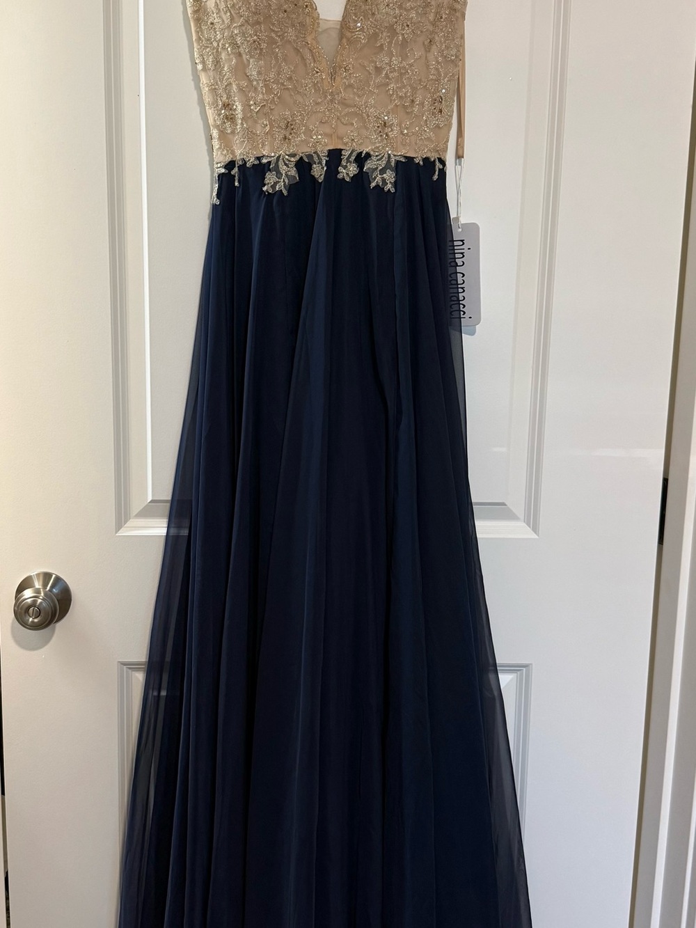 Nina Canacci Navy Skirt with Champagne Lace Bodice